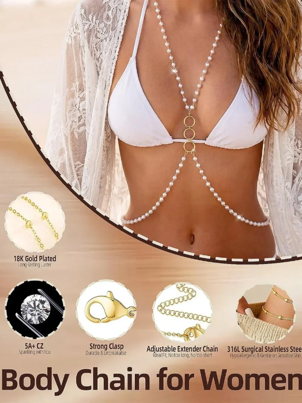 Hypoallergenic Waterproof 18K Gold Body Chain: Dainty 316L Surgical Stainless St